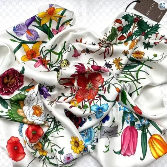 GUCCI SILK SCARF FLOWER PRINT GG LOGO FLORAL WHITE MULTICOLOR WRAP - Picture 11 of 11